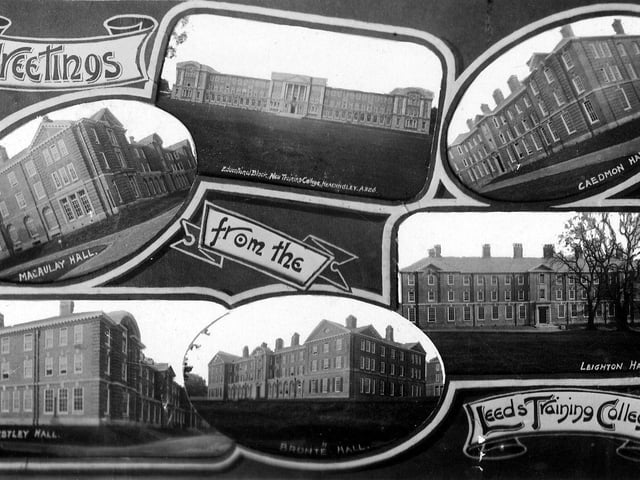 Postcard with a postmark May 15, 1914, showing views of Leeds Training College at Beckett Park. This teacher training college had recently opened (1913) but was soon to be taken over as a military hospital during the First World War. Later part of the City of Leeds and Carnegie College then Leeds Polytechnic, it is now a campus of Leeds Metropolitan University.