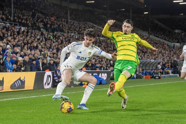 BOSSED: Norwich City's Borja Sainz, right, by 17-year-old Leeds United star Archie Gray, left, in Wednesday night's Championship clash at Elland Road. Photo by Tony Johnson.