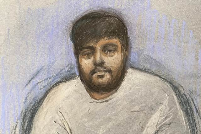 A court artist drawing of Mohammed Farooq, seen on a video link from HMP Belmarsh to the Old Bailey in London. (Photo by Elizabeth Cook/PA Wire)