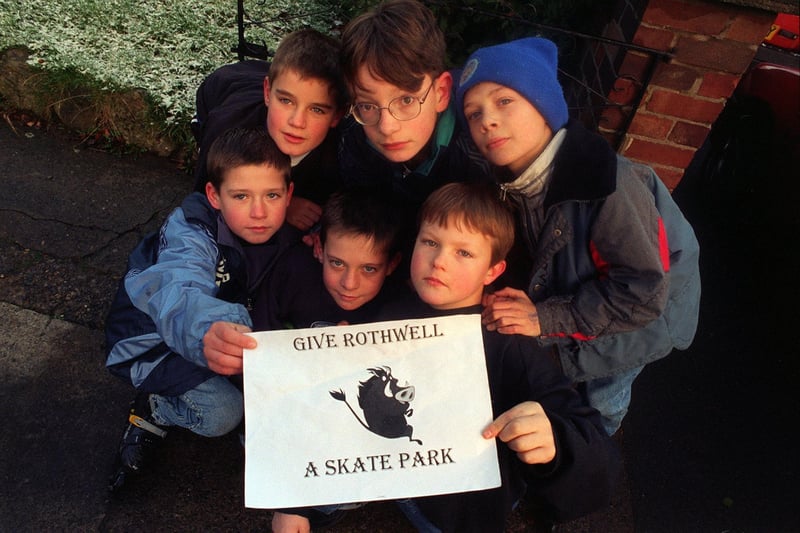 'Give Rothwell a skate park' was the no-nonsense message from these children who launched a petition for a skate park in the town in December 1996. Pictured, back from left, are Sean Stubbs, Richard Goodison and Ahron Tolly. Front , from left, are William Graham, Oliver Graham and Alex Henderson.