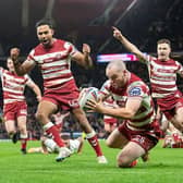 Liam Marshall scores the only try of the Grand Final as Wigan beat Catalans to be crowned Super League champions. Picture by Allan McKenzie/SWpix.com.