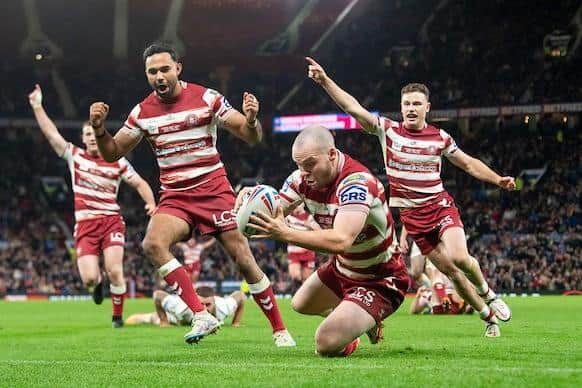Liam Marshall scores the only try of the Grand Final as Wigan beat Catalans to be crowned Super League champions. Picture by Allan McKenzie/SWpix.com.
