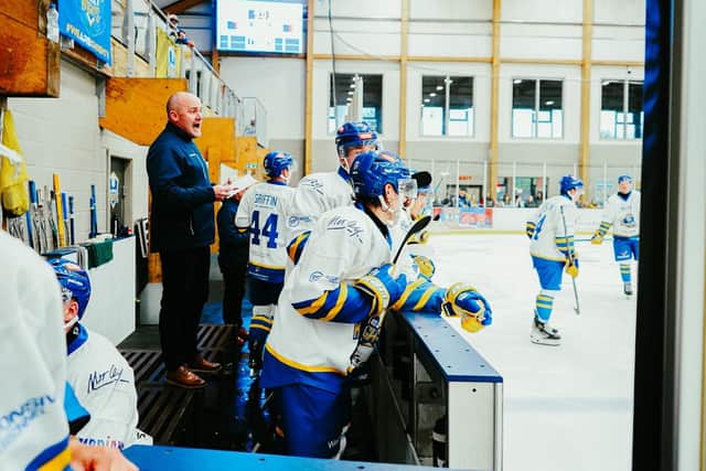 THE MAN BEHIND THE BENCH: Leeds Knights' head coach Ryan Aldridge, instructs his players during a home game earlier this season. Picture: Jacob Lowe/Knights Media.