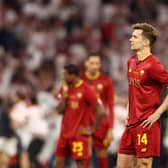 BUDAPEST, HUNGARY - MAY 31: Diego Llorente of AS Roma reacts in the penalty shoot out during the UEFA Europa League 2022/23 final match between Sevilla FC and AS Roma at Puskas Arena on May 31, 2023 in Budapest, Hungary. (Photo by Naomi Baker/Getty Images)