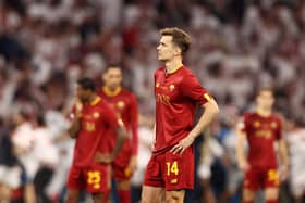 BUDAPEST, HUNGARY - MAY 31: Diego Llorente of AS Roma reacts in the penalty shoot out during the UEFA Europa League 2022/23 final match between Sevilla FC and AS Roma at Puskas Arena on May 31, 2023 in Budapest, Hungary. (Photo by Naomi Baker/Getty Images)