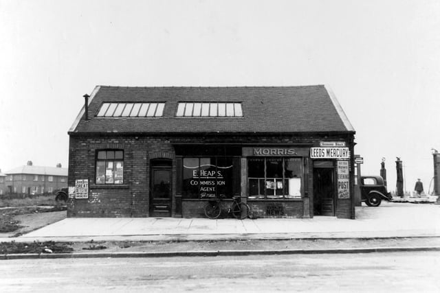 Number 2 Sissons Road which was Morris, Newsagents on the junction with Middleton Park Road. Middleton Garage can be seen (right) on Middleton Park Road. On the left at number 4 E. Heaps, Turf Commission Agent. Pictured in September 1936.