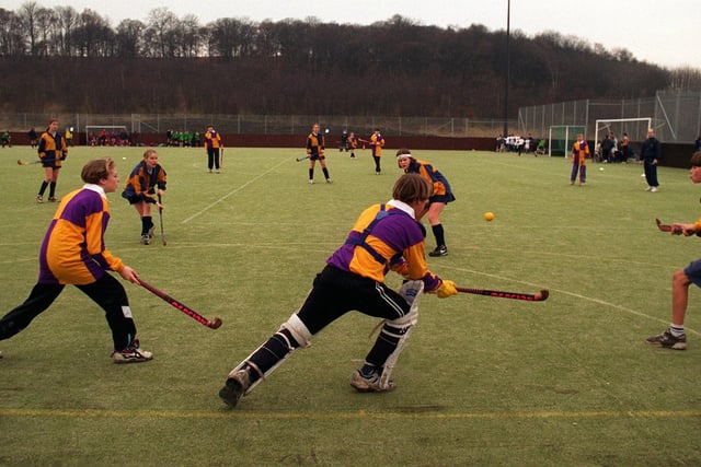 Middleton Park High School and Garforth Community College battle it out at the first South Leeds Stadium Schools Hockey Tournament in January 1997.