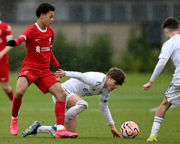 TREBLE: Of goal contributions from Leeds United youngster Josh McDonald, centre. Photo by Nick Taylor/Liverpool FC/Liverpool FC via Getty Images.