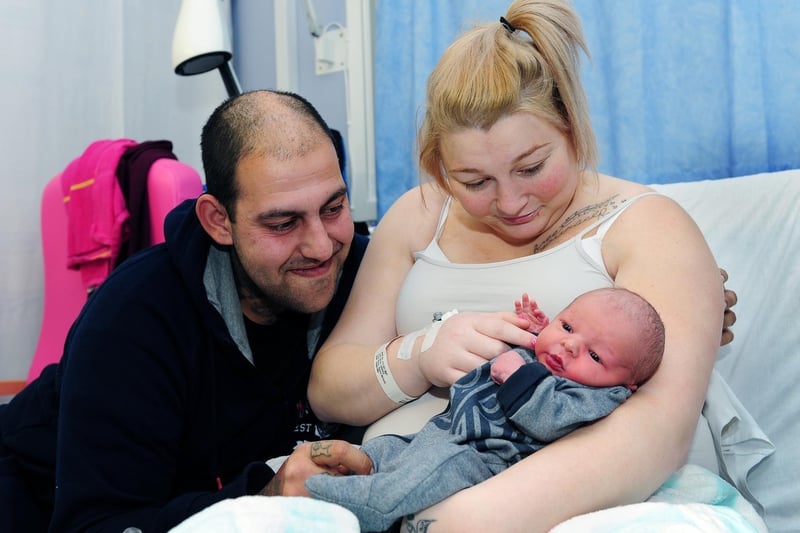 Sophie Graves and Ashley Bradley from Belle Isle with their son Vinny Jay, who was born at midnight at St. James's Hospital in January 2016 weighing 6lb 6oz.