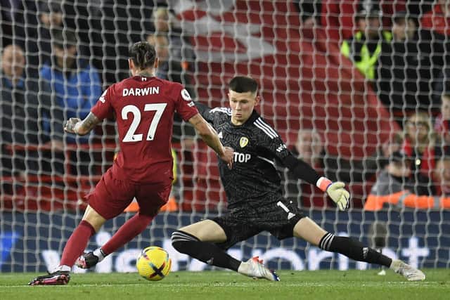 NO ENTRY: Leeds United goalkeeper Illan Meslier thwarts Liverpool striker Darwin Nunez as part of a catalogue of brilliant saves at Anfield. 
Photo by OLI SCARFF/AFP via Getty Images.