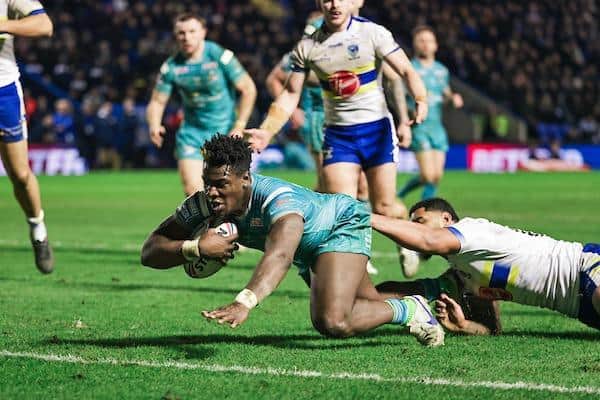 Justin Sangare marked his Rhinos debut with a try against Warrington in February. Picture by Alex Whitehead/SWpix.com.