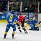 SWIFT REPLY: Peterborough Phantoms’ Lukas Sladkovsky fires past Leeds Knights' Sam Gospel on a breakaway during Sunday's NIHL National play-off final in Coventry on Sunday. Picture courtesy of Chris Callaghan.