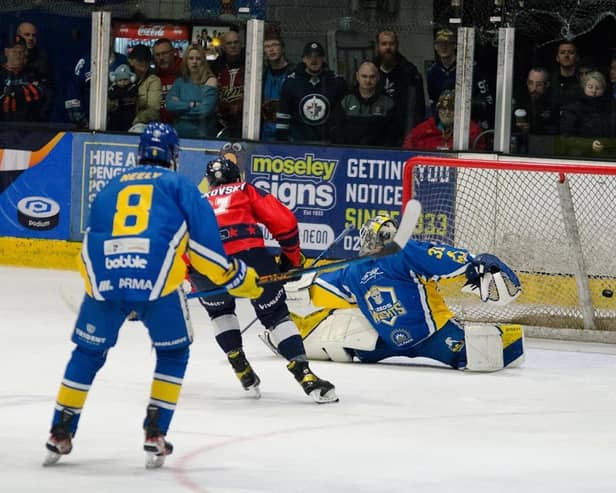 SWIFT REPLY: Peterborough Phantoms’ Lukas Sladkovsky fires past Leeds Knights' Sam Gospel on a breakaway during Sunday's NIHL National play-off final in Coventry on Sunday. Picture courtesy of Chris Callaghan.
