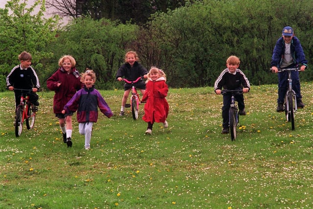 April 1997 and children from Glencoe estate in Great Preston enjoy playing on the site where a £30,000 playground was to be built. Pictured, from left, are Scott Rawlings, Laura Haigh, Jade Sharpe, Charlotte James, Emily Simpson, Ben Rawlings and Simon Hinks.