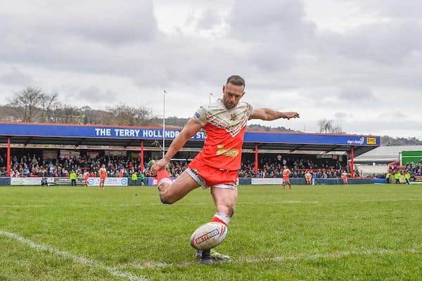 Luke Gale takes a kick for Keighley against Bradford in March. Picture by Olly Hassell/SWpix.com.