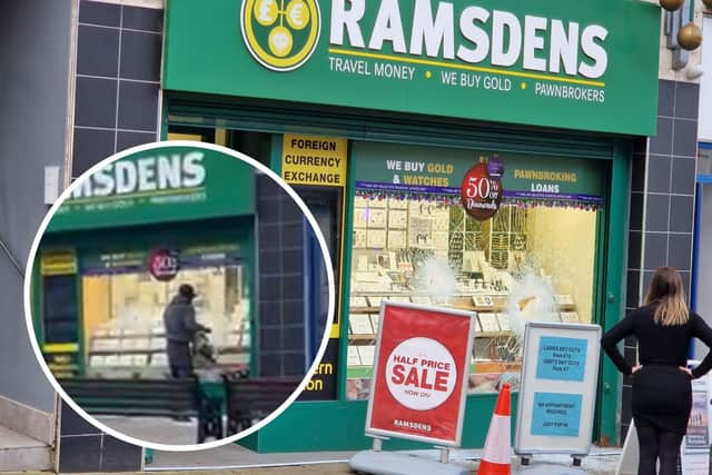 Shocking footage shows an armed robbery at Ramsdens jewellers, in Queen Street, Morley, unfolding on November 21 as startled shoppers watch in horror.