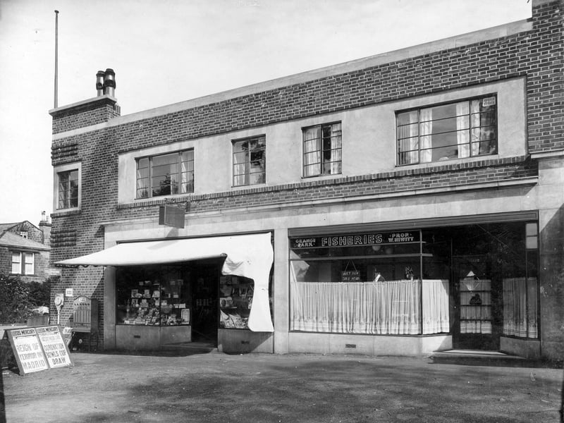 Grange Park fisheries. Proprietor W Hewitt which is at 132 Dib Lane with Grange Park Parade sub post office on left at 134. Pictured in July 1936.