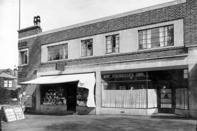 Grange Park fisheries. Proprietor W Hewitt which is at 132 Dib Lane with Grange Park Parade sub post office on left at 134. Pictured in July 1936.
