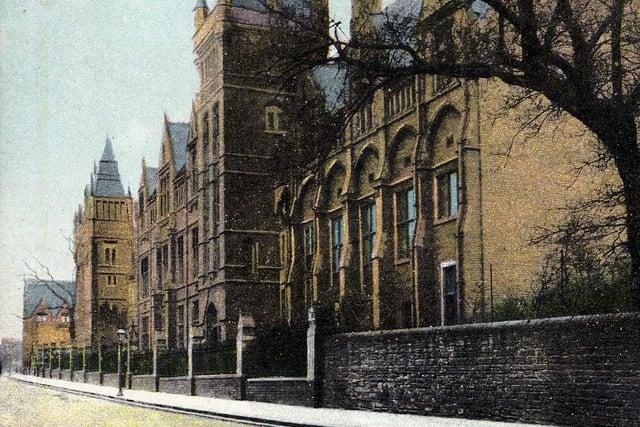 Tinted postcard view of the University of Leeds on College Road (foreground). The building towards the right-hand side is the Electrical and Engineering wing opened on July 7, 1908 by King Edward VII and Queen Alexandra. The postcard was mailed from Leeds in May 1910.