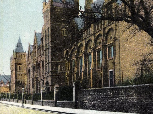 Tinted postcard view of the University of Leeds on College Road (foreground). The building towards the right-hand side is the Electrical and Engineering wing opened on July 7, 1908 by King Edward VII and Queen Alexandra. The postcard was mailed from Leeds in May 1910.