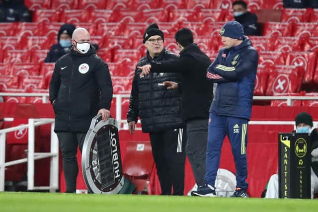 Marcelo Bielsa, Manager of Leeds United interacts with Mikel Arteta, Manager of Arsenal. (Photo by Julian Finney/Getty Images)