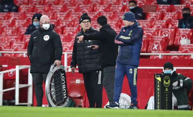 Marcelo Bielsa, Manager of Leeds United interacts with Mikel Arteta, Manager of Arsenal. (Photo by Julian Finney/Getty Images)