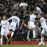 NEVER FORGET: Leeds United winger Crysencio Summerville, centre, celebrates his 89th-minute winner on the eve of his 21st birthday in October's Premier League clash against Liverpool at Anfield. Photo by OLI SCARFF/AFP via Getty Images.