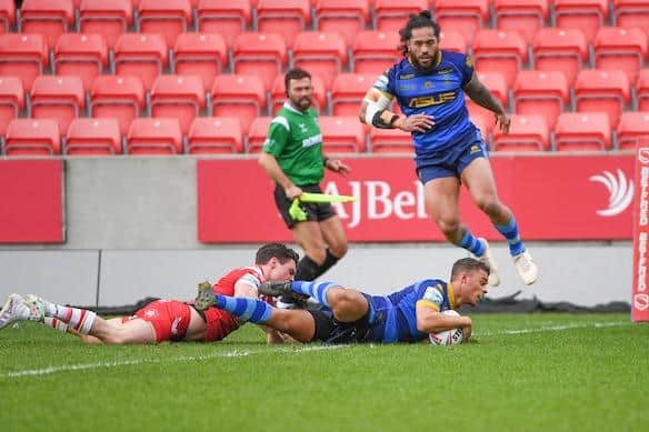 Corey Hall scores for Trinity at Salford earlier this month. Picture by Olly Hassell/SWpix.com.