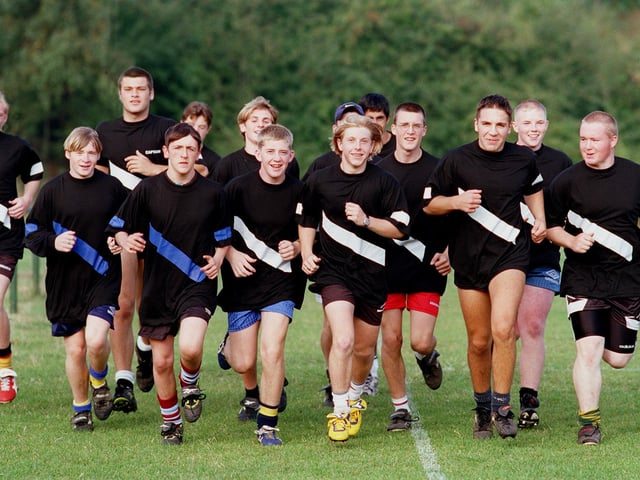Players from two rugby league sides Hunslet Parkside and Middleton Marauders merged to become Hunslet Juniors. They are pictured  training at South Leeds Stadium in September 1998.
