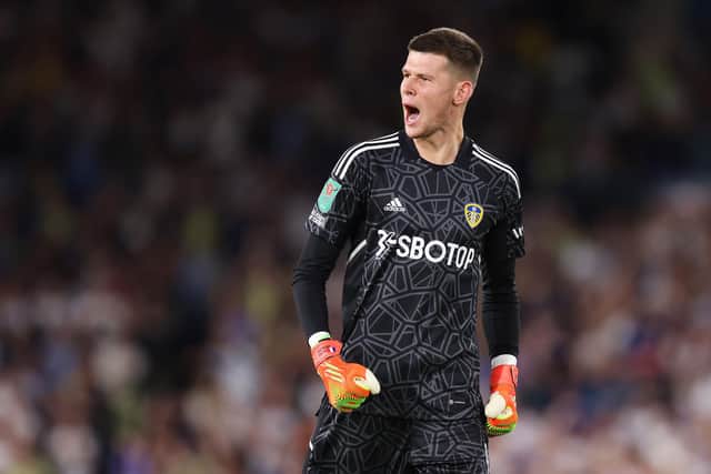 LEEDS, ENGLAND - AUGUST 24: Illan Meslier of Leeds United celebrates their team's third goal during the Carabao Cup Second Round match between Leeds United and Barnsley at Elland Road on August 24, 2022 in Leeds, England. (Photo by George Wood/Getty Images)