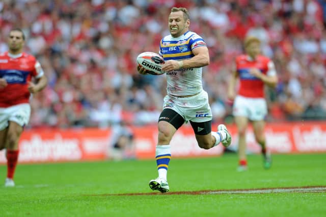 Rob Burrow seen scoring for Leeds Rhinos at Wembley 10 years ago next month. Picture by Steve Riding.