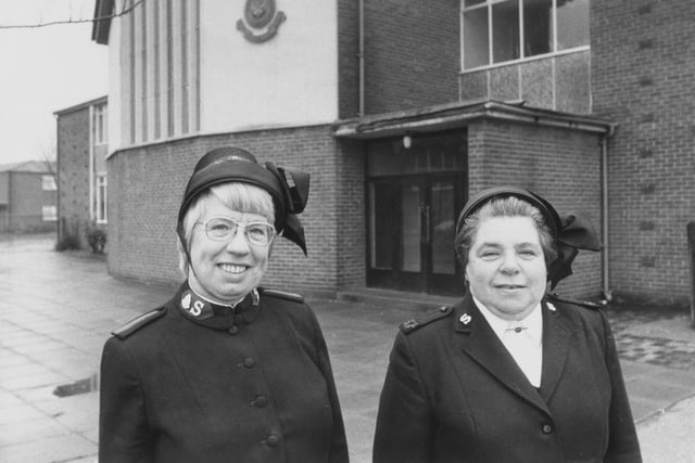 Major Audrey Roebuck (left) and Envoy Ann Hanmer at the Salvation Army Citadel on Hunslet Road in 1984.