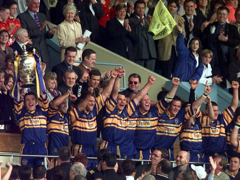The long wait is finally over as Iestyn Harris becomes the first Leeds captain in 21 years to lift the Challenge Cup.