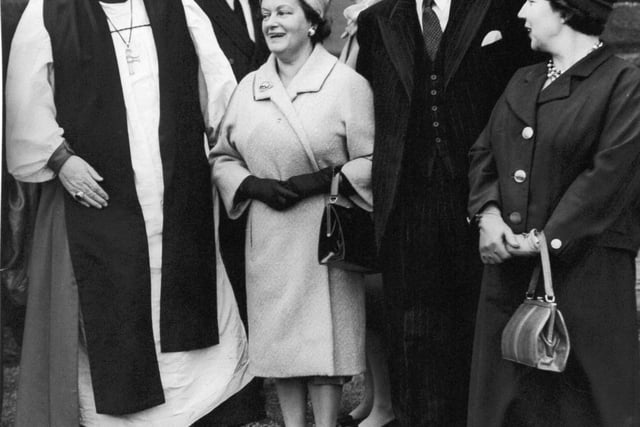 Talking together after a Sunday morning service at St. Mary's Church in Scarborough in October 1960 are the Archbishop of York, Dr. A. M. Ramsey, Mrs. Gaitskell, Hugh Gaitskell and Miss Alice Bacon.