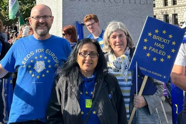 Contributor Jas Olak with Leeds for Europe Chair Richard Wilson and Secretary Sally Cieslik (right).
