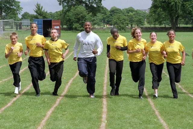 Darren Campbell, the 200M Olympic silver medallist, in action at Roundhay School, helping the Norwich Union launch it's 'Do the Right Thing' campaign, aimed at enabling more childen to enjoy sport and exercise, in 2003.