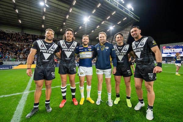 Rhinos' Aiden Sezer and Blake Austin flanked by New Zealand's Sebastian Kris, Joseph Tapine, left, Charnze Nicoll-Klokstad and Jordan Rapoana. Picture by Allan McKenzie/SWpix.com.