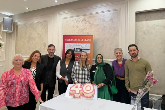 Alia Nessa with supporters and partners Kaye Wilson, Voluntary Action Leeds; Georgia Hyland, Behind Closed Doors; Karl Witty, Forum Central; Rokaiya Khan, Together Women; Jeannette Morris Boam, Leeds Women’s Aid; Alia Nessa, CEO Asha; Pip Goff, Forum Central and Cllr Ed Carlisle.