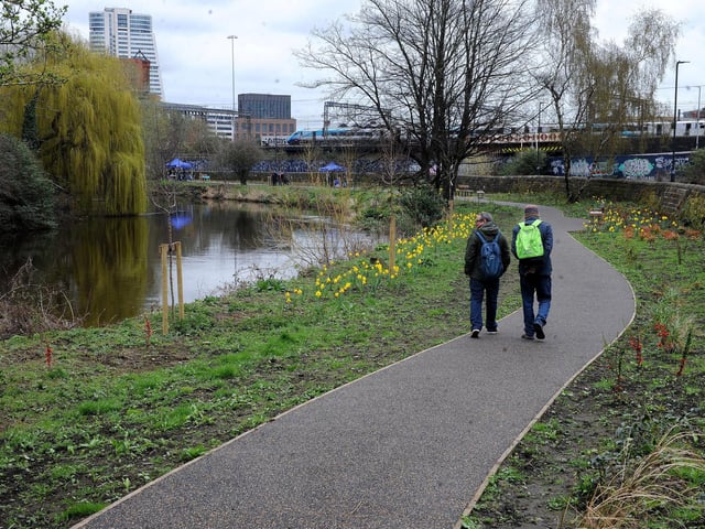 The park features trees, wildflowers, seasonal plants, grassland and viewpoint areas, with a wildlife and project information board.
