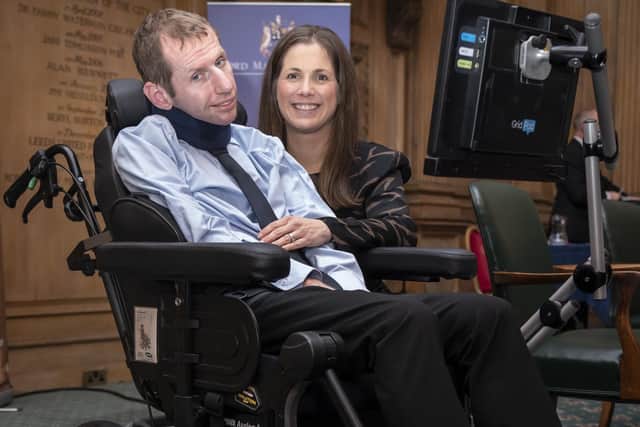 Rob Burrow with wife Lindsey Burrow ahead of Mr Burrow receiving the Freedom of the City of Leeds at Leeds Civic Hall. Picture: Danny Lawson/PA