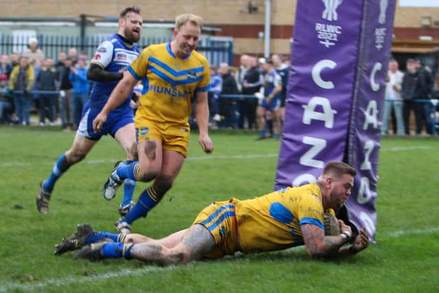 Jamie Milburn scores for Hunslet ARLFC against Lock Lane. Picture by Alex Shenton.