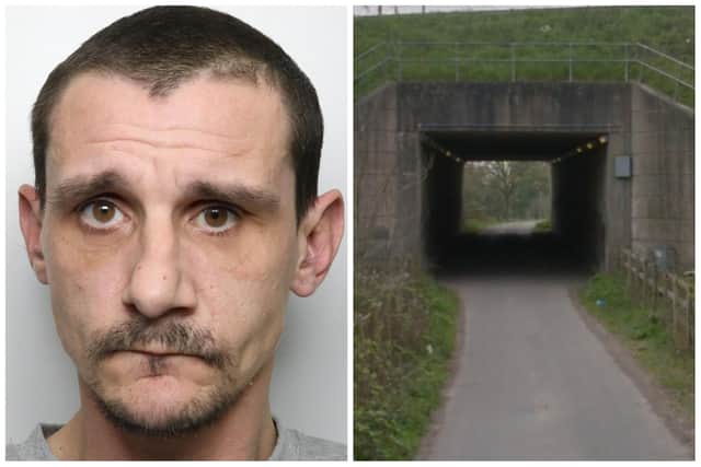 Violent pervert Belsham attacked the woman in a tunnel in Knottingley. (pics by WYP / Google Maps)