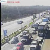 Traffic was stopped in both directions between junction 26 for Bradford and junction 25 for Brighouse (Photo: motorwaycameras.co.uk)