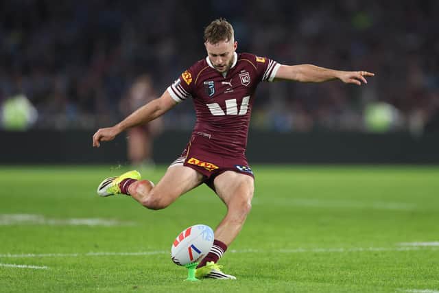 Leeds-born Sam Walker kicks a goal for Queensland during game one of the 2026 Men's State of Origin series against New South Wales at Accor Stadium in Sydney, Australia. Picture by Cameron Spencer/Getty Images.