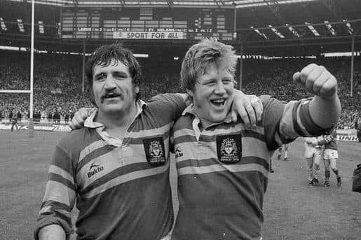 Mick Harrison, left, with substitute prop Roy Dickinson after Leeds' Challenge Cup final win against St Helens at Wembley in 1978. Picture by Steve Riding.
