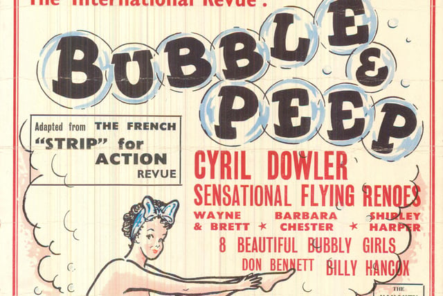 The audience were treated to Rhoda Rogers taking a bubble bath at the City Varieties in August 1956. It was a show which also featured 'eight beautiful bubbly girls' and 'The Naughty Nighties'.