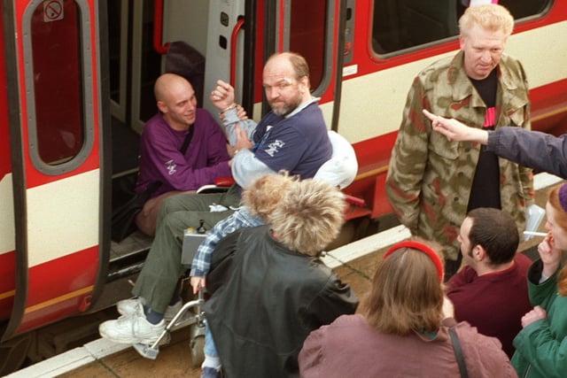 Rail commuters faced chaos at New Pudsey Station in October 1996 when wheelchair bound members of the Disabled Peoples Direct Action Network handcuffed themselves to a Manchester bound train effectively preventing it from departing.