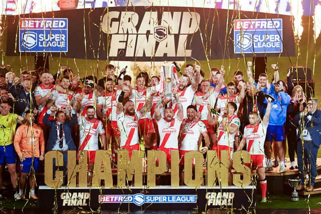 Hull KR show off the Betfred Super League trophy after victory over Wigan Warriors. Picture by Simon Wilkinson/SWpix.com.