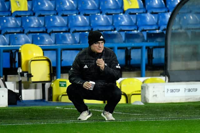 LEEDS, ENGLAND - NOVEMBER 02: Marcelo Bielsa, Manager of Leeds United looks on during the Premier League match between Leeds United and Leicester City at Elland Road on November 02, 2020 in Leeds, England.
