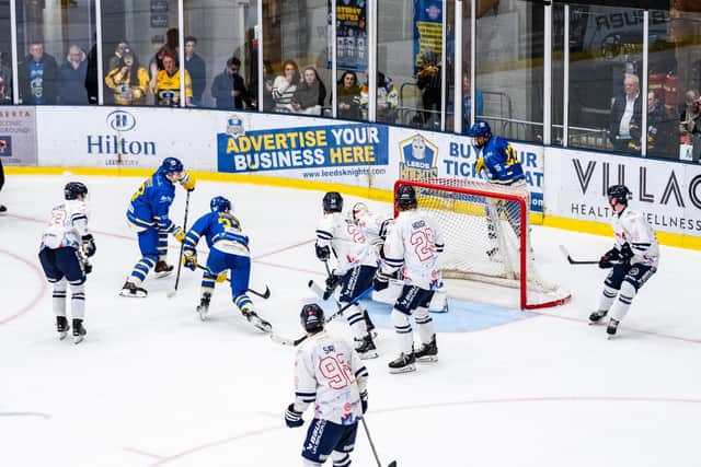 OPENING SALVO: Finley Bradon (#33) slots home Leeds Knights' first goal in Sunday night's 5-1 win against Peterborough Phantoms at Elland Road Ice Arena. Picture: Kev Bland/Knights Media